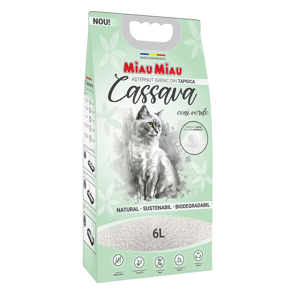 MIAU MIAU Cassava, ceai verde, așternut igienic pisici, granule, tapioca, aglomerant, ecologic, biodegradabil, 6l MIAU MIAU Cassava, neparfumat, așternut igienic pisici, granule, tapioca, aglomerant, ecologic, biodegradabil, 6l