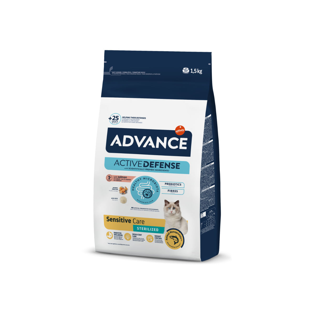 ADVANCE Sensitive Care Sterilised, Somon, hrană uscată pisici sterilizate, sistem digestiv, 1.5kg + ADVANCE Sterilised, Cod, plic hrană umedă, 85g x 2buc GRATUIT