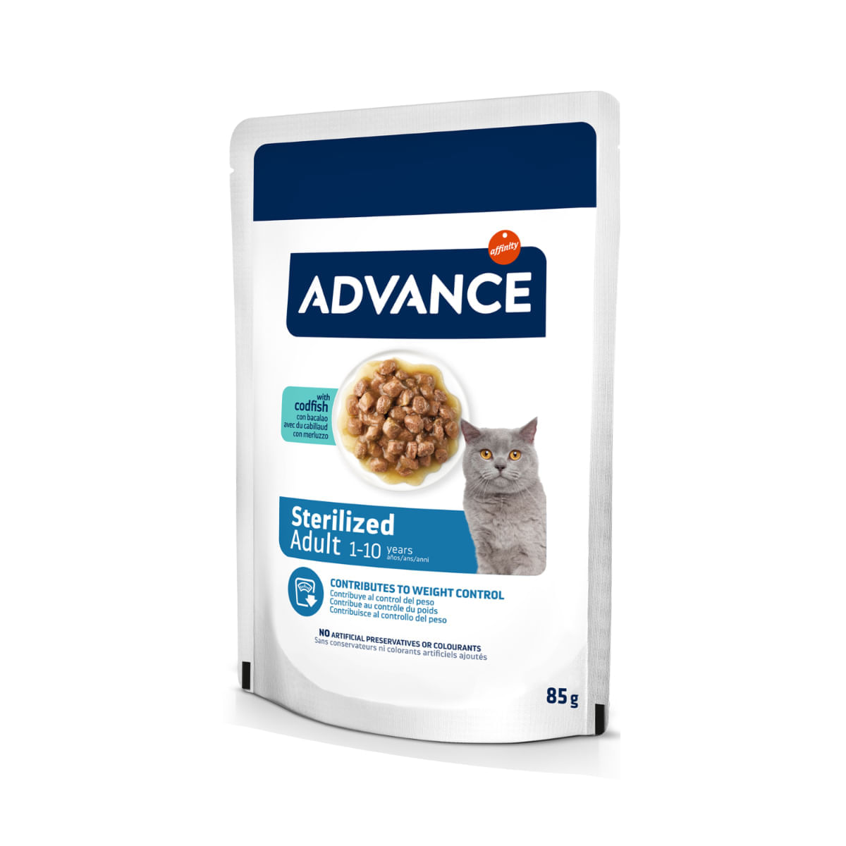 ADVANCE Sensitive Care Sterilised, Somon, hrană uscată pisici sterilizate, sistem digestiv, 1.5kg + ADVANCE Sterilised, Cod, plic hrană umedă, 85g x 2buc GRATUIT