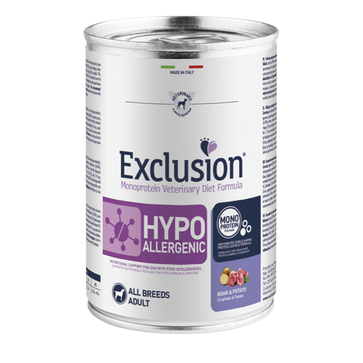 EXCLUSION Monoprotein VD Hypoallergenic, XS-XL, Mistreț Cartofi, dietă veterinară, conservă hrană umedă fără cereale câini, alergii, (pate), 400g