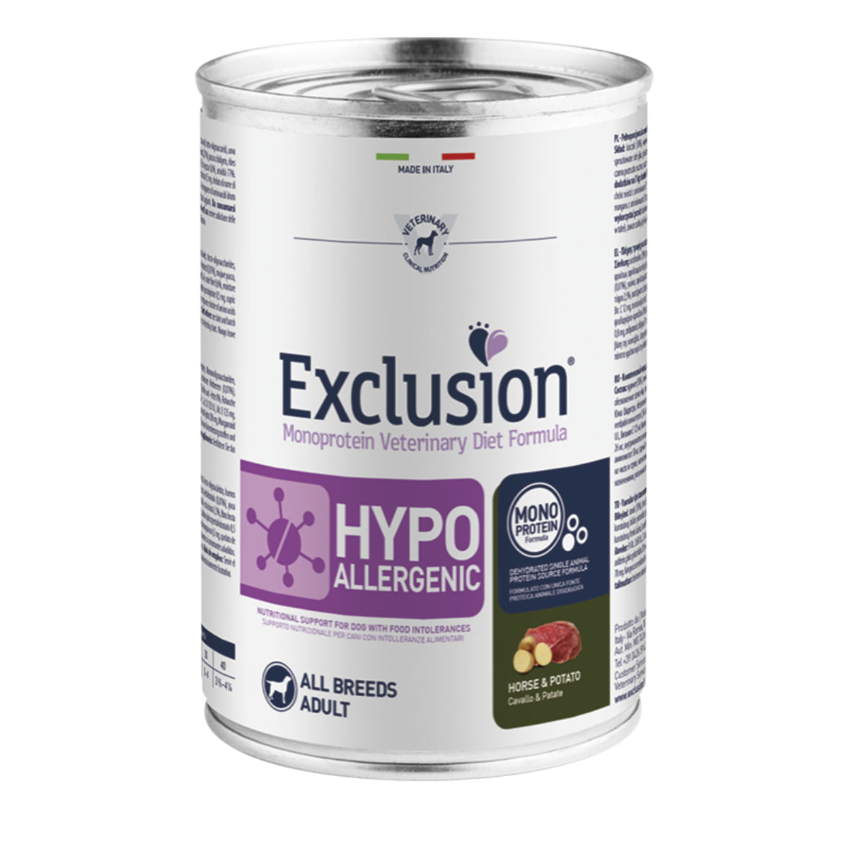 EXCLUSION Monoprotein VD Hypoallergenic, XS-XL, Cal și Cartofi, dietă veterinară, conservă hrană umedă fără cereale câini, alergii, (pate), 400g