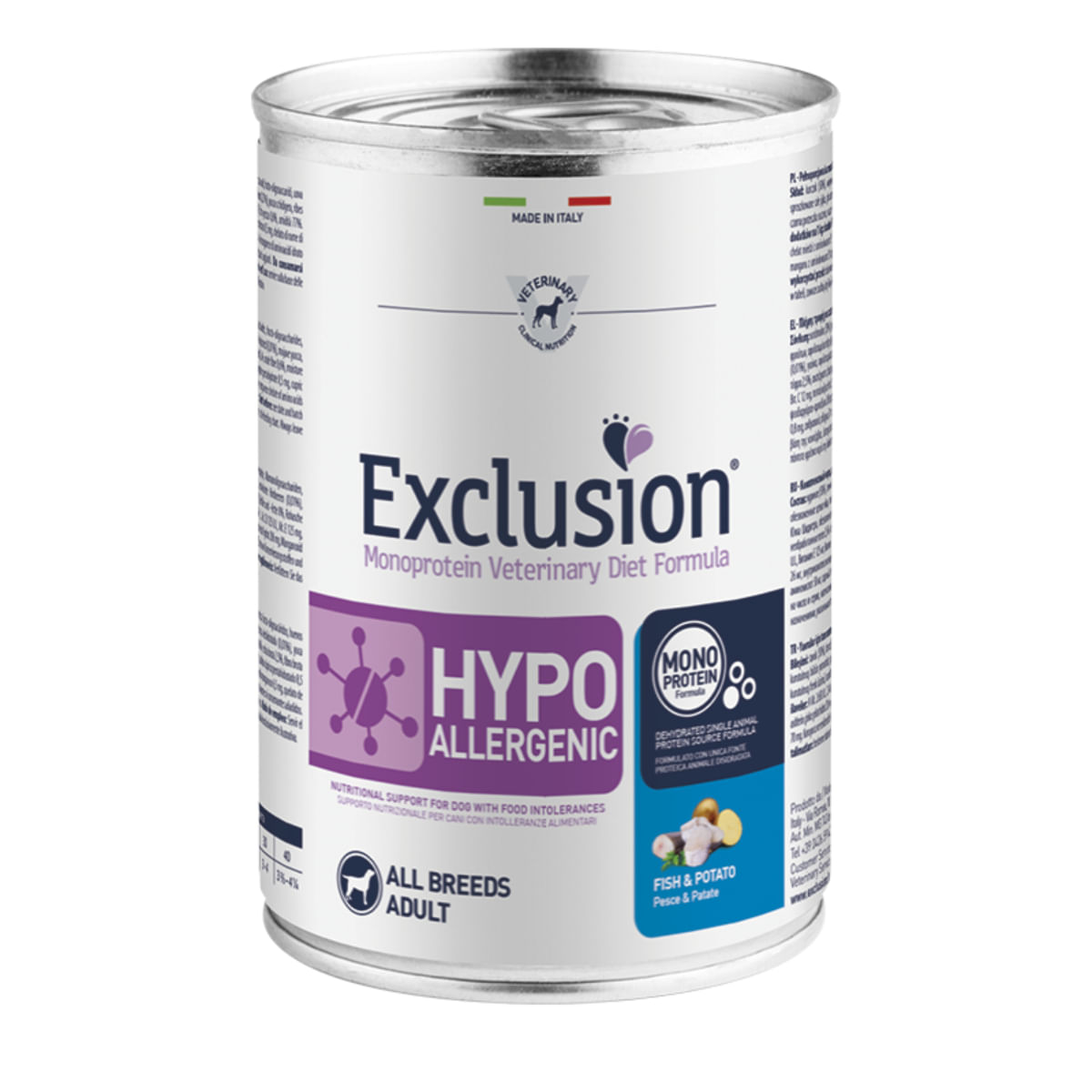 EXCLUSION Monoprotein VD Hypoallergenic, XS-XL, Pește și Cartofi, dietă veterinară, conservă hrană umedă fără cereale câini, alergii, (pate), 400g