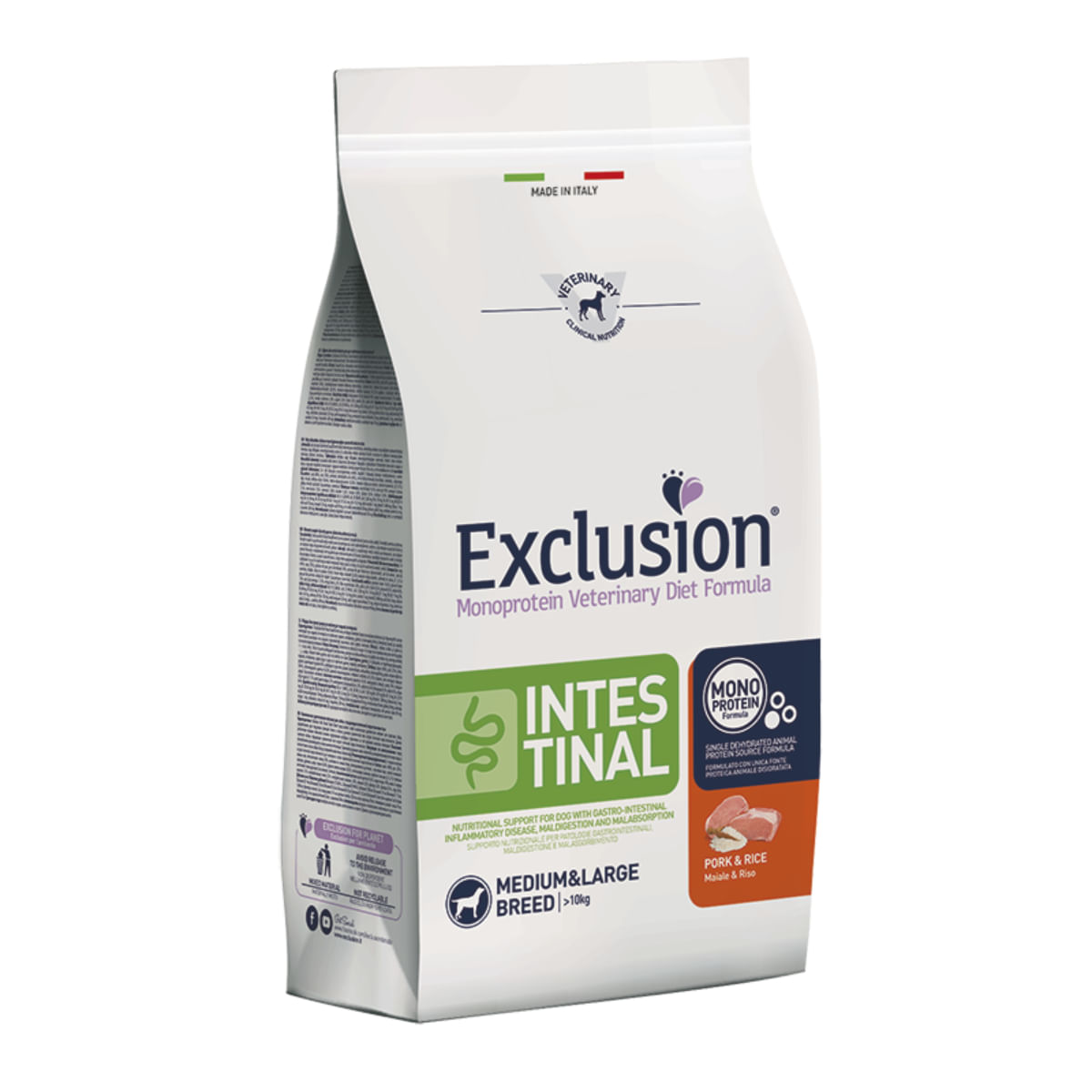 EXCLUSION Monoprotein VD Intestinal Medium&amp;Large M-XL, Porc și Orez, dietă veterinară, hrană uscată câini, sistem digestiv, 2kg
