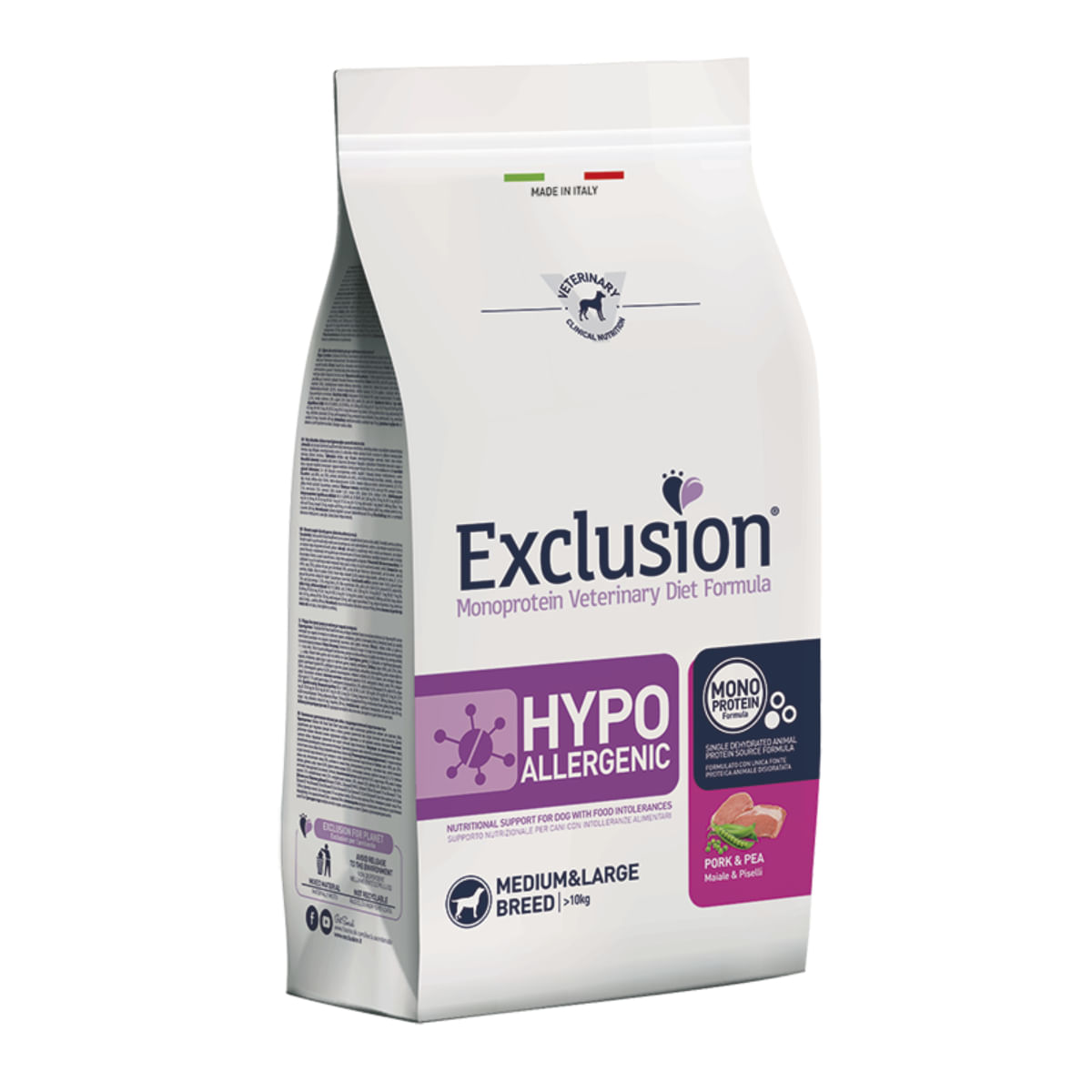 EXCLUSION Monoprotein VD Hypoallergenic Medium&amp;Large, M-XL, Porc și Mazăre, dietă veterinară, hrană uscată fără cereale câini, alergii, 2kg