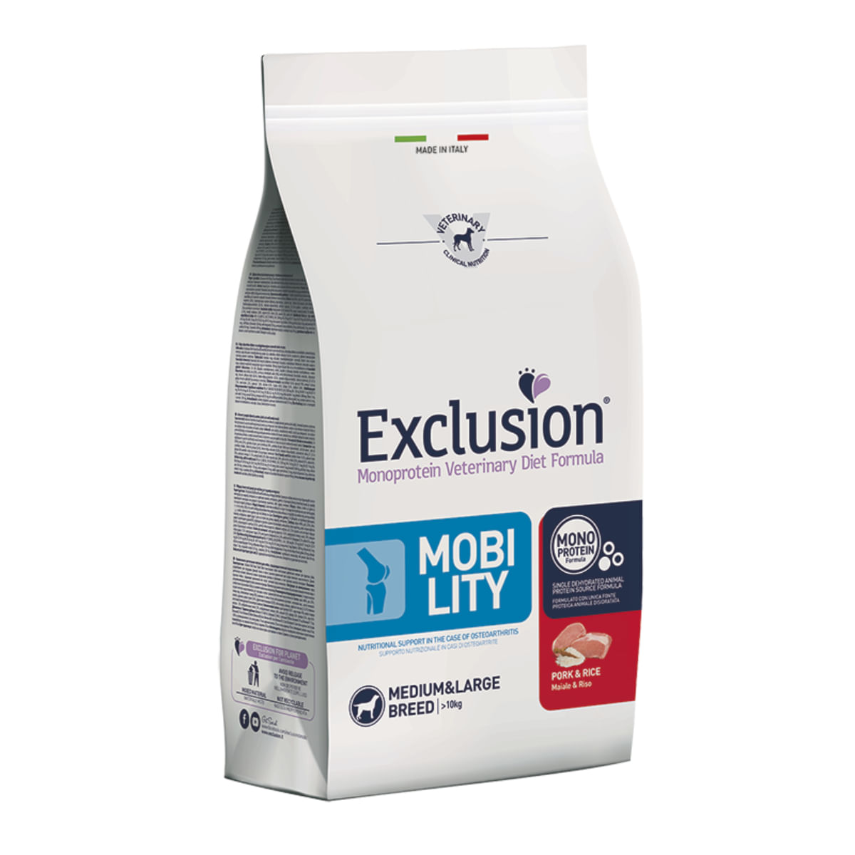EXCLUSION Monoprotein VD Mobility Medium &amp; Large, M-XL, Porc și Orez, dietă veterinară, hrană uscată câini, sistem articular, 12kg