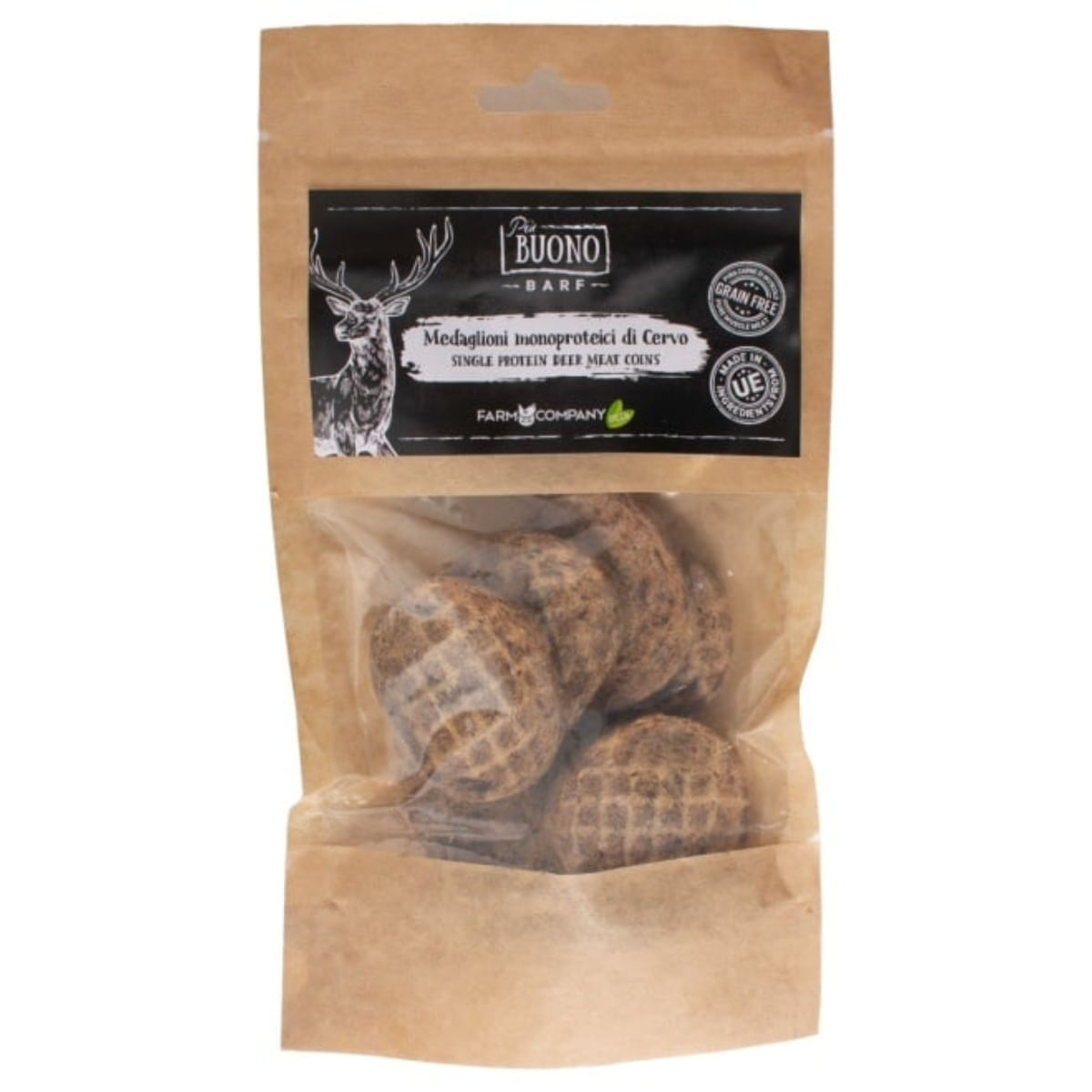 PIU BUONO Single Protein Meat Coins, XS-XL, Căprioară, punguță recompense monoproteice BARF câini, 80g - 1 | YEO