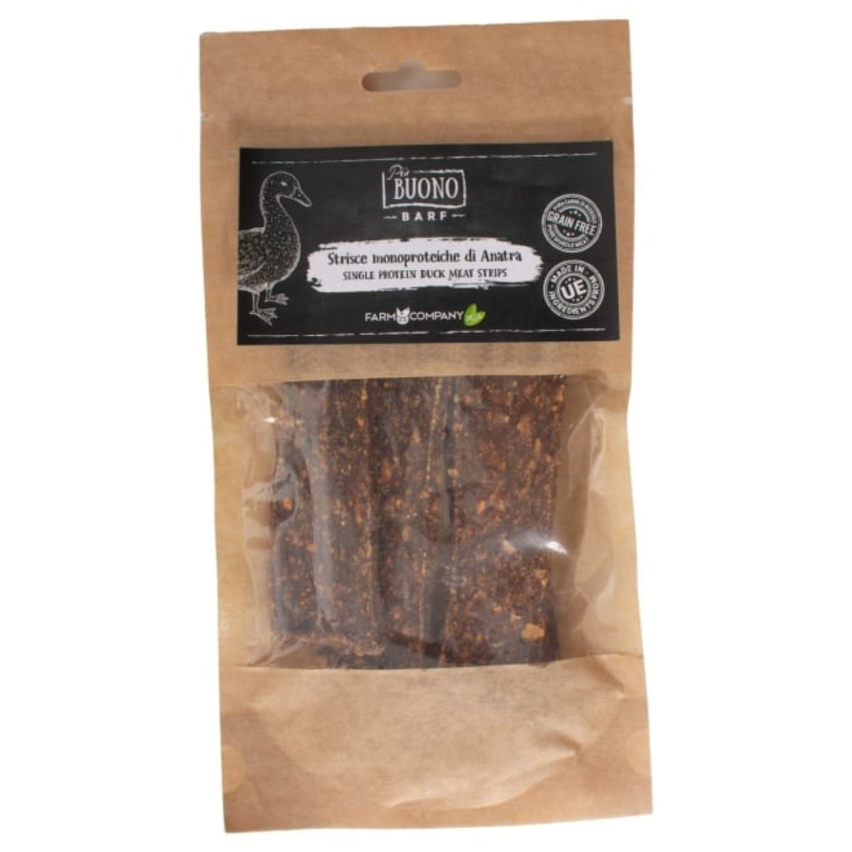 PIU BUONO Single Protein Meat Strips, XS-XL, Rață, punguță recompense monoproteice BARF câini, 70g - 1 | YEO