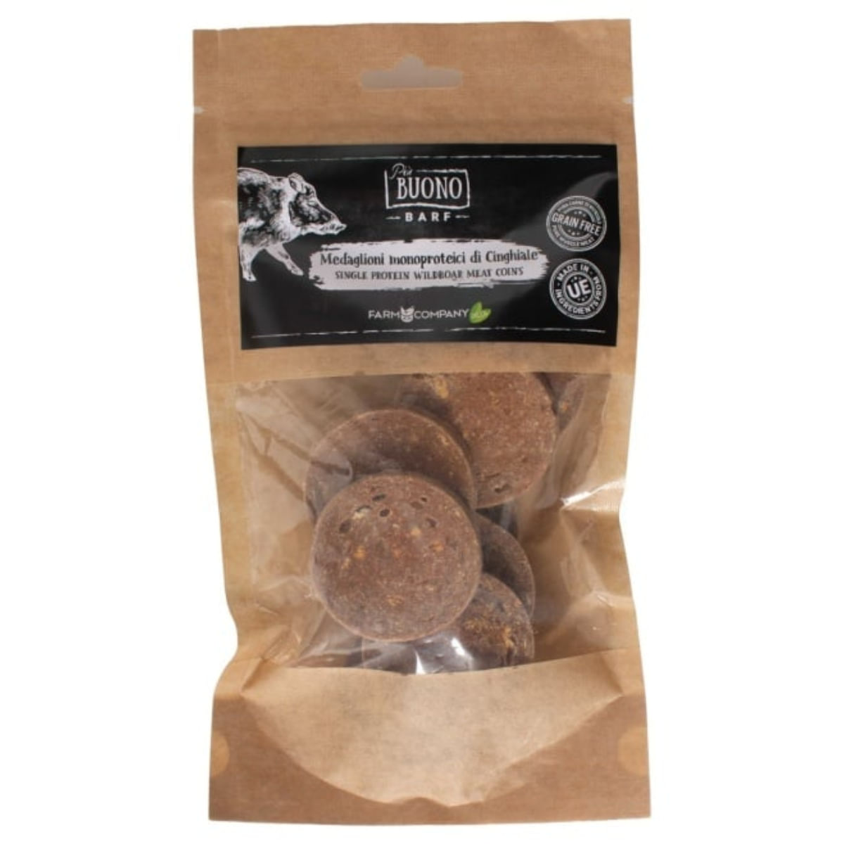 PIU BUONO Single Protein Meat Coins, XS-XL, Mistreț, punguță recompense monoproteice BARF câini, 80g - 1 | YEO