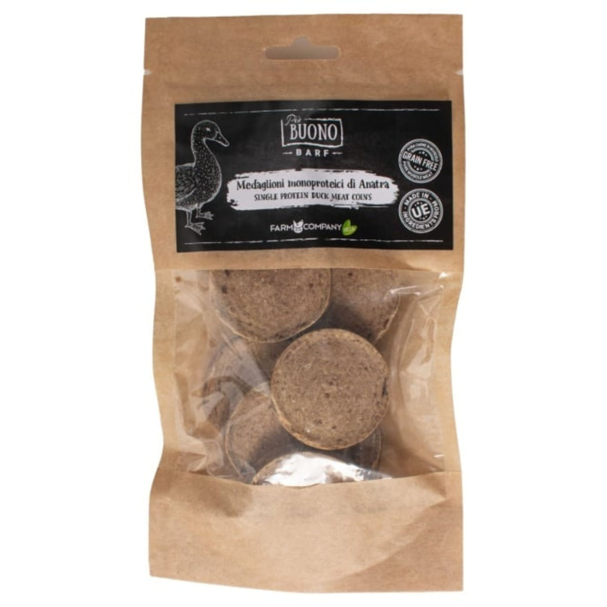 PIU BUONO Single Protein Meat Coins, XS-XL, Rață, punguță recompense monoproteice BARF câini, 70g - 1 | YEO