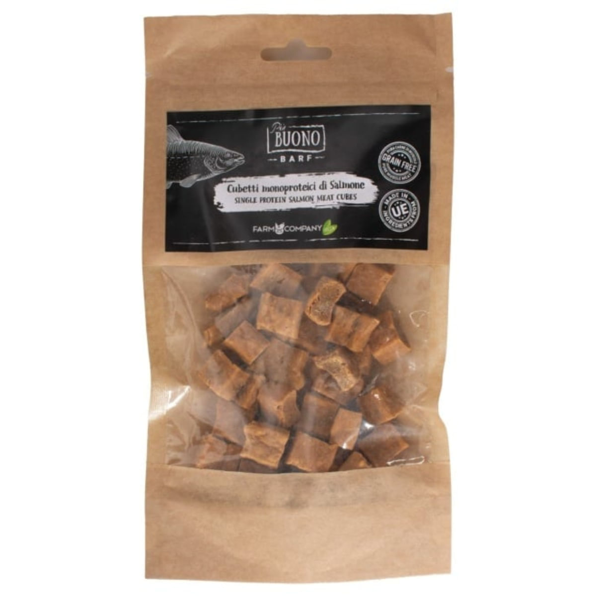 PIU BUONO Single Protein Meat Cubes, XS-XL, Somon, punguță recompense monoproteice BARF câini, 70g - 1 | YEO