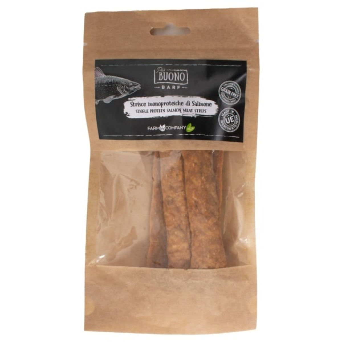 PIU BUONO Single Protein Meat Strips, XS-XL, Somon, punguță recompense monoproteice BARF câini, 70g - 1 | YEO