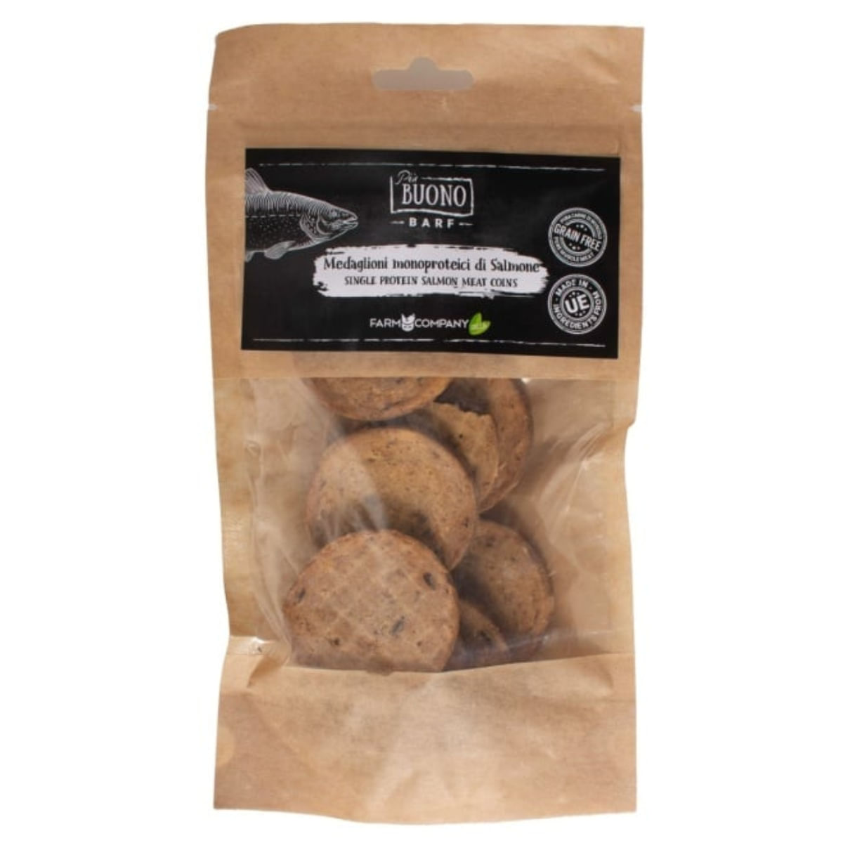 PIU BUONO Single Protein Meat Coins, XS-XL, Somon, punguță recompense monoproteice BARF câini, 70g - 1 | YEO