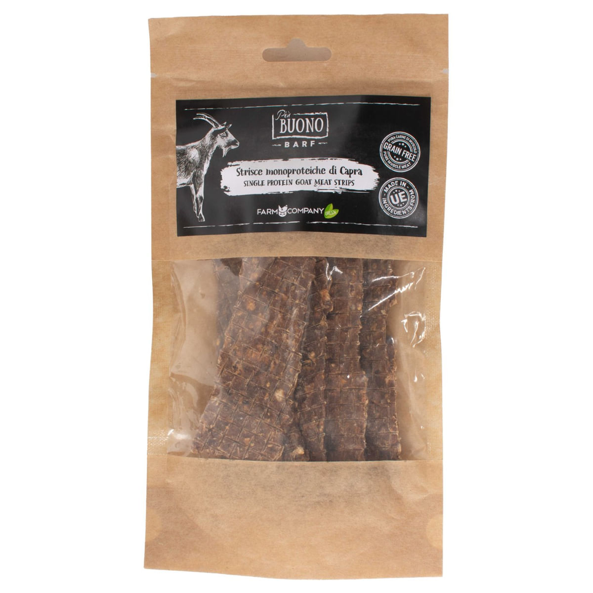 PIU BUONO Single Protein Meat Strips, XS-XL, Capră, punguță recompense monoproteice BARF câini, 70g - 1 | YEO