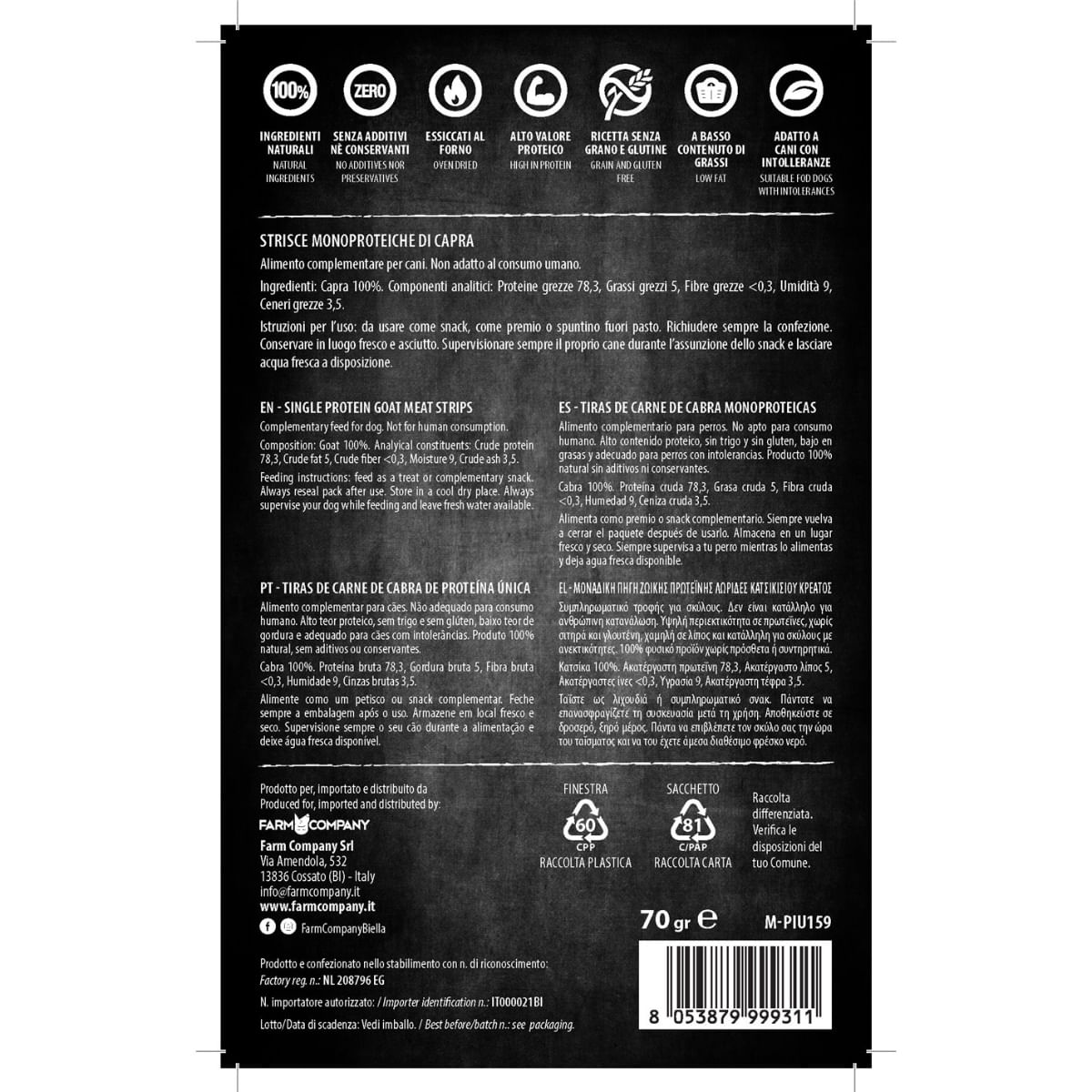 PIU BUONO Single Protein Meat Strips, XS-XL, Capră, punguță recompense monoproteice BARF câini, 70g - 2 | YEO