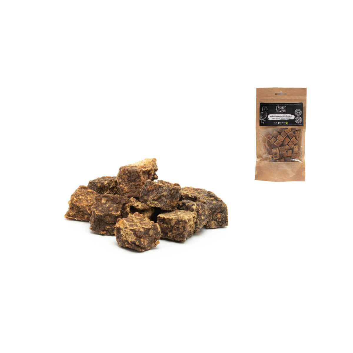 PIU BUONO Single Protein Meat Cubes, XS-XL, Rață, punguță recompense monoproteice BARF câini, 70g - 3 | YEO