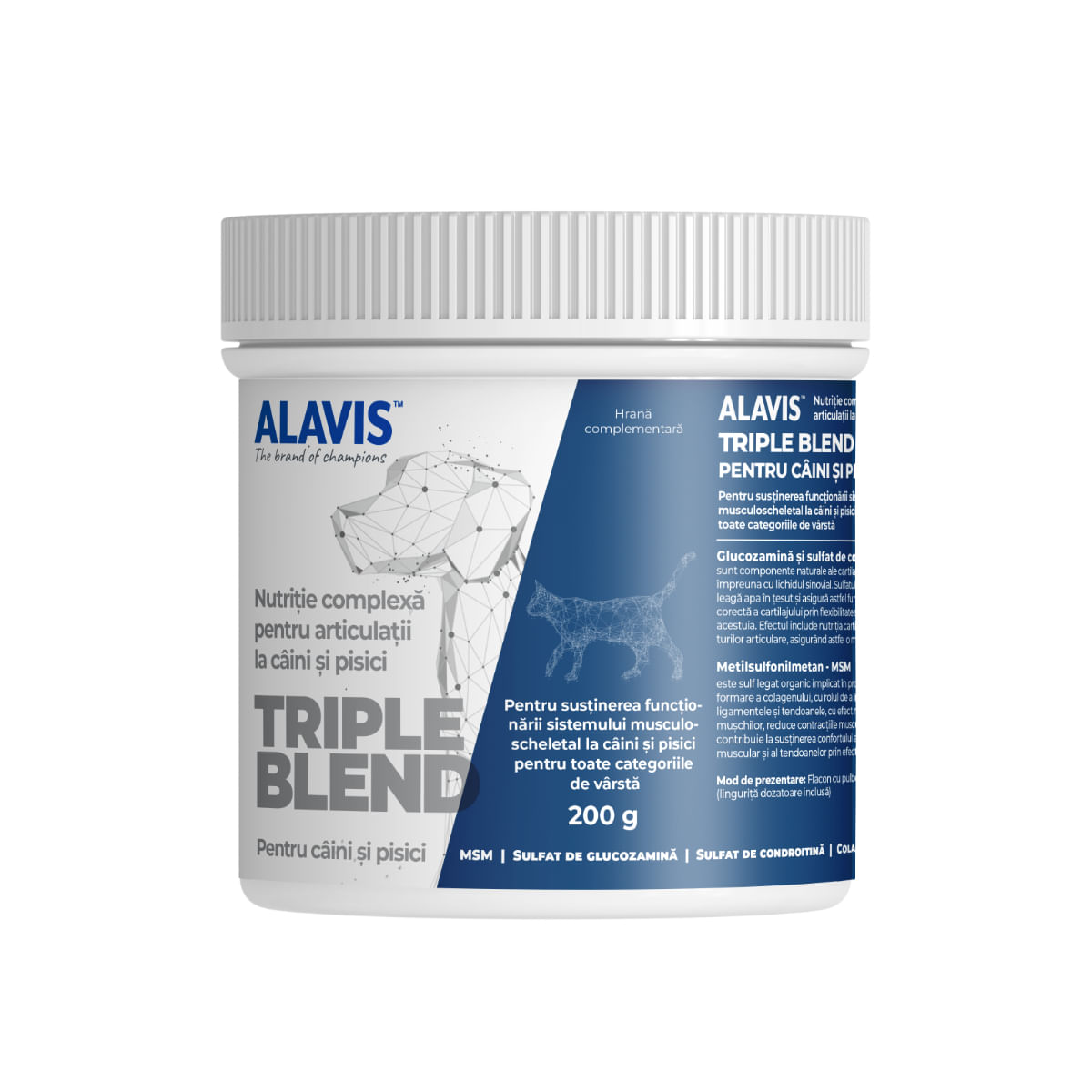 ALAVIS Triple Blend, supliment sistem articular câini, pudră ALAVIS Triple Blend, XS-XL, supliment sistem articular câini și pisici, flacon, 200g pudră - 1 | YEO