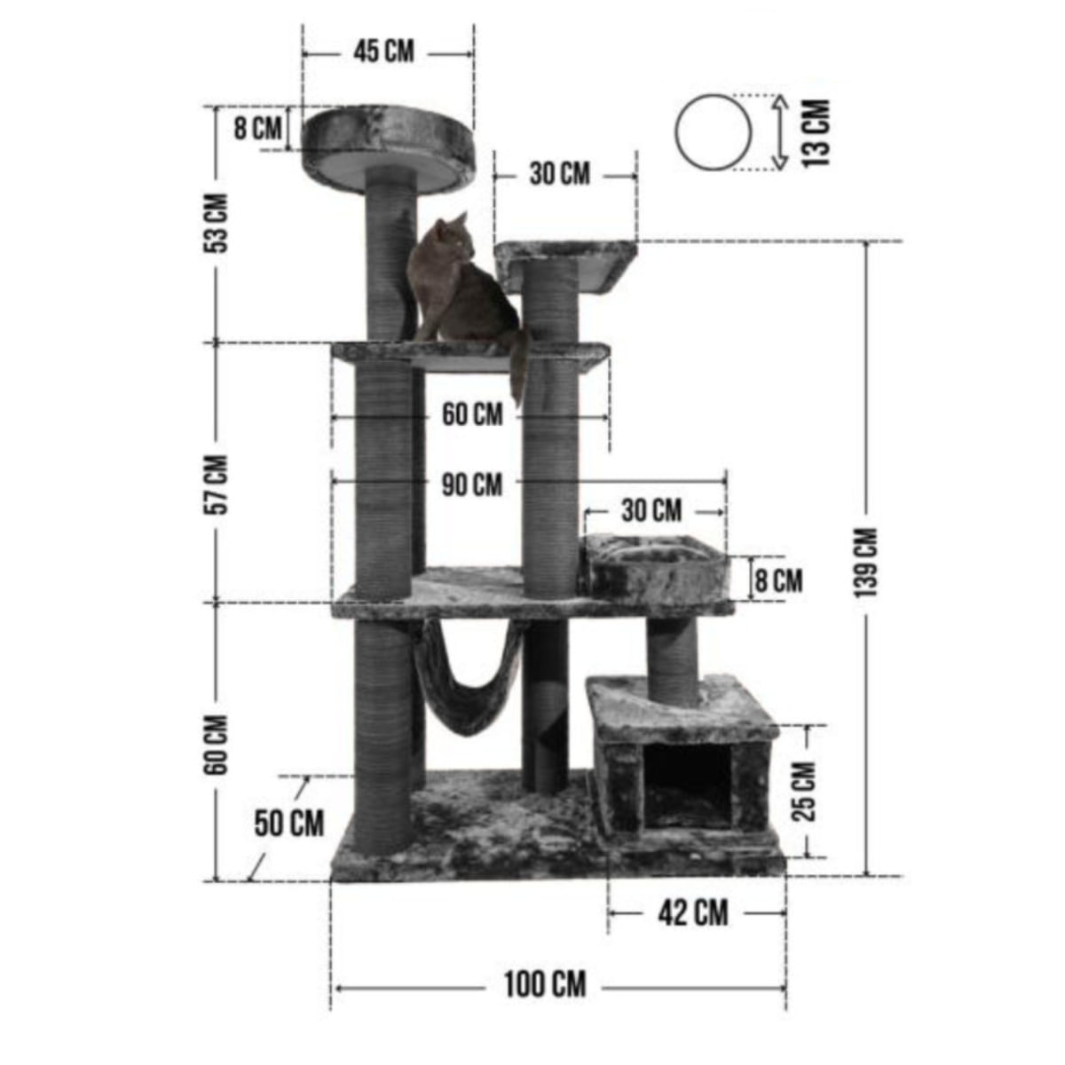 SHAW Istanbul, ansamblu de joacă pisici, 5 etaje, 1 căsuța, MDF și pluș, elemente de zgâriat, elemente hamac, gri, 52x100x172cm