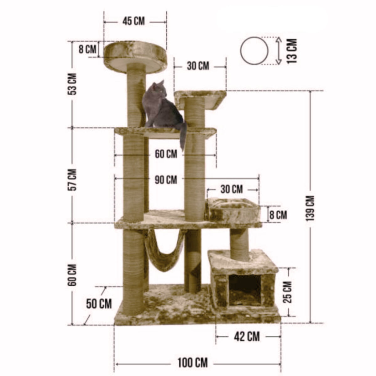 SHAW Istanbul, ansamblu de joacă pisici, 5 etaje, 1 căsuța, MDF și pluș, elemente de zgâriat, elemente hamac, bej, 52x100x172cm