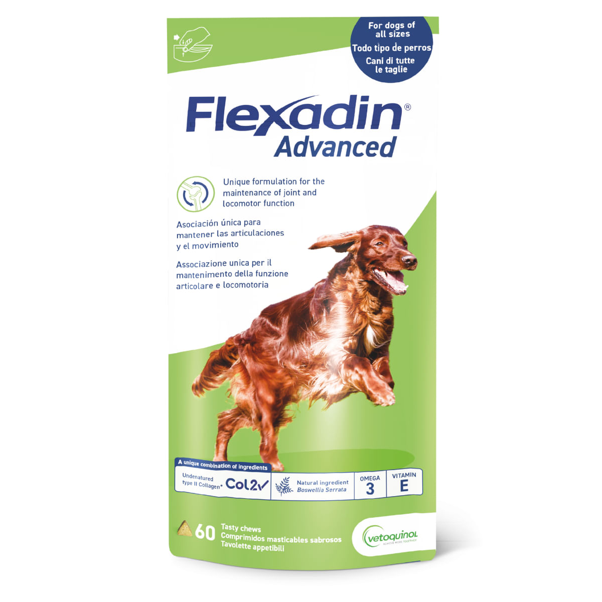 VETOQUINOL Flexadin Advanced , supliment sistem articular câini, comprimate masticabile VETOQUINOL Flexadin Advanced , S-XL, supliment sistem articular câini, punguță, 60 comprimate masticabile - 1 | YEO