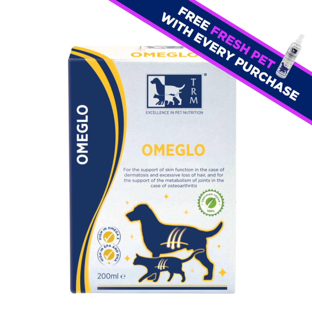 TRM Omeglo, supliment piele & blană câini, ulei TRM Omeglo, XS-XL, supliment piele & blană câini și pisici, flacon, 200ml ulei - 1 | YEO