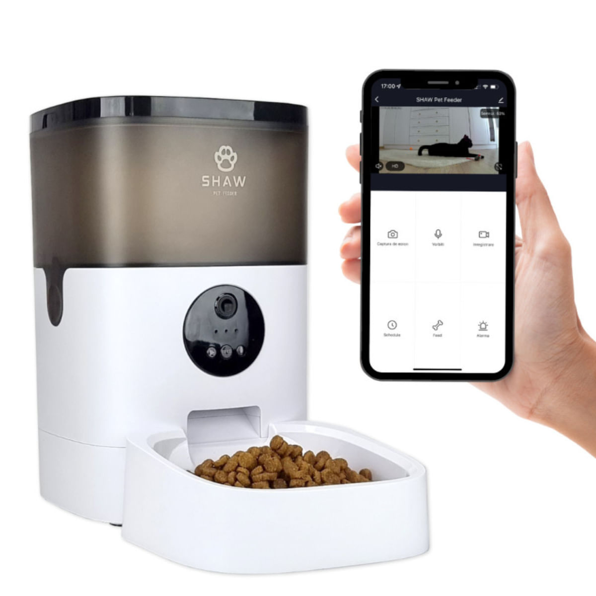SHAW Smart, hrănitor automat câini, 1 bol pătrat, programabil, aplicație mobilă, plastic SHAW Smart, hrănitor automat câini și pisici, 1 bol pătrat, programabil, aplicație mobilă, plastic, alb, XS-S(4l) - 1 | YEO