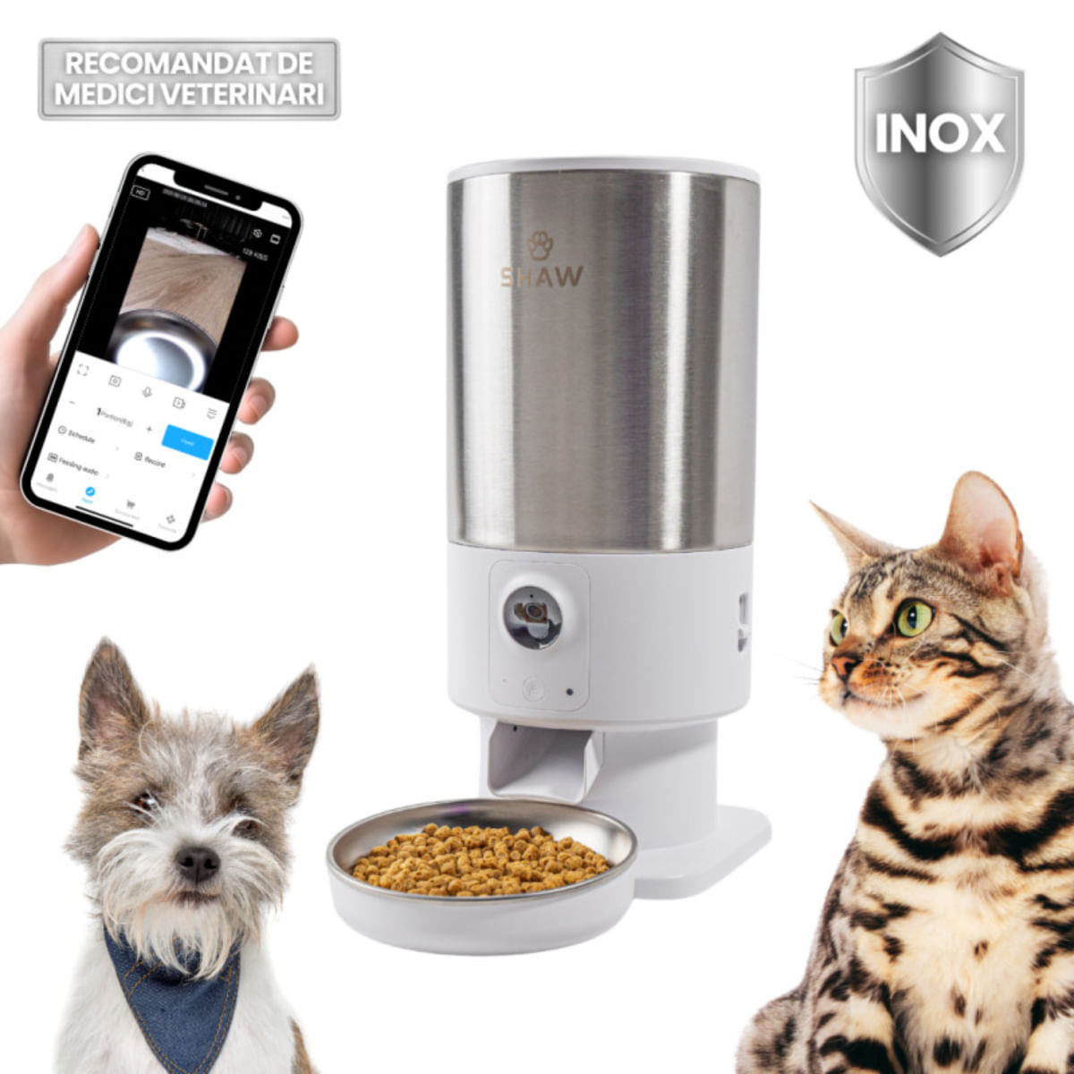 SHAW Smart PRO V3, hrănitor automat câini, 1 bol rotund, programabil, aplicație mobilă, PVC SHAW Smart PRO V3, hrănitor automat câini și pisici, 1 bol rotund, programabil, aplicație mobilă, PVC, alb, XS-S(5l) - 1 | YEO