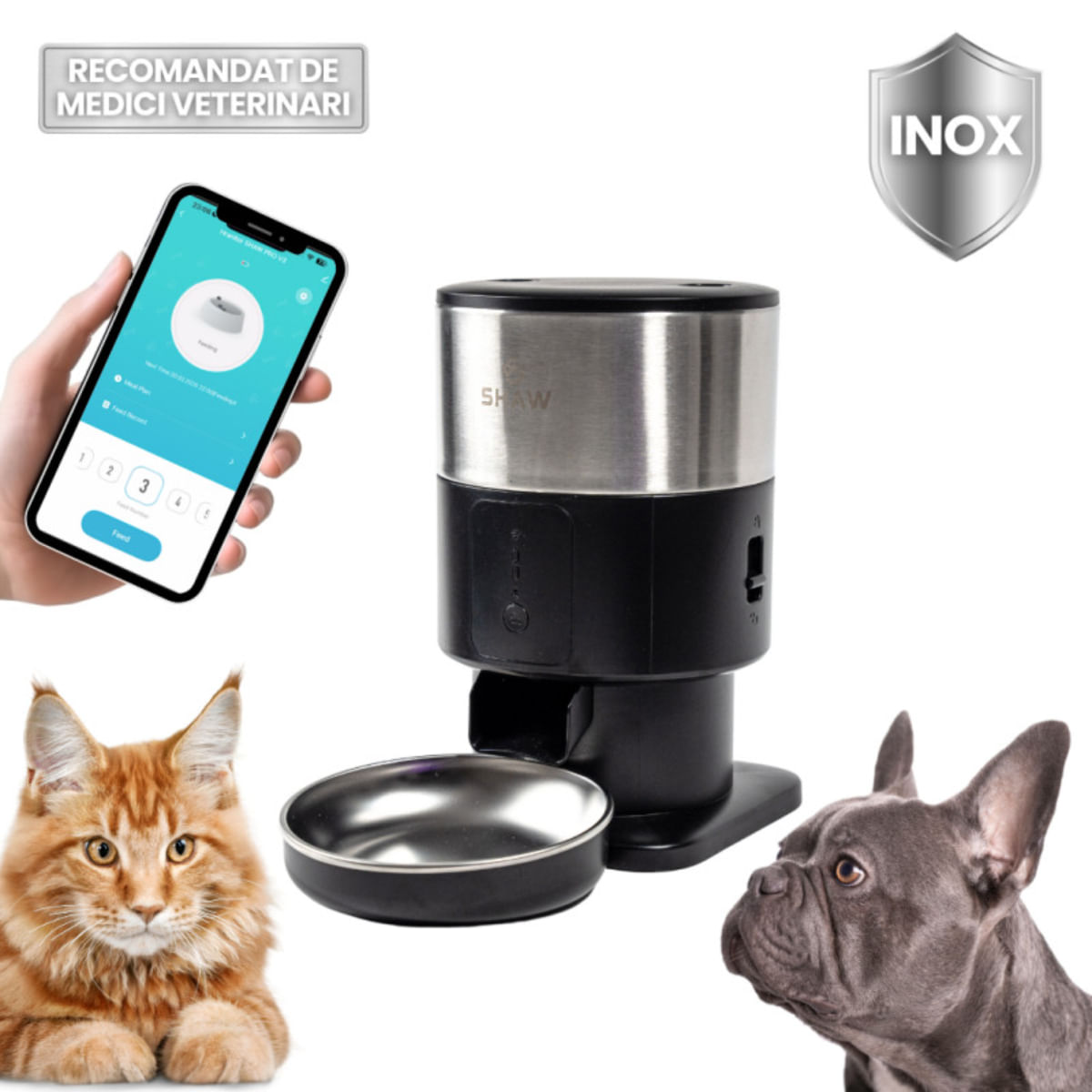 SHAW PRO V3 Mini, hrănitor automat câini, 1 bol rotund, programabil, aplicație mobilă, PVC SHAW PRO V3 Mini, hrănitor automat câini și pisici, 1 bol rotund, programabil, aplicație mobilă, PVC, negru, XS-S(2l) - 1 | YEO