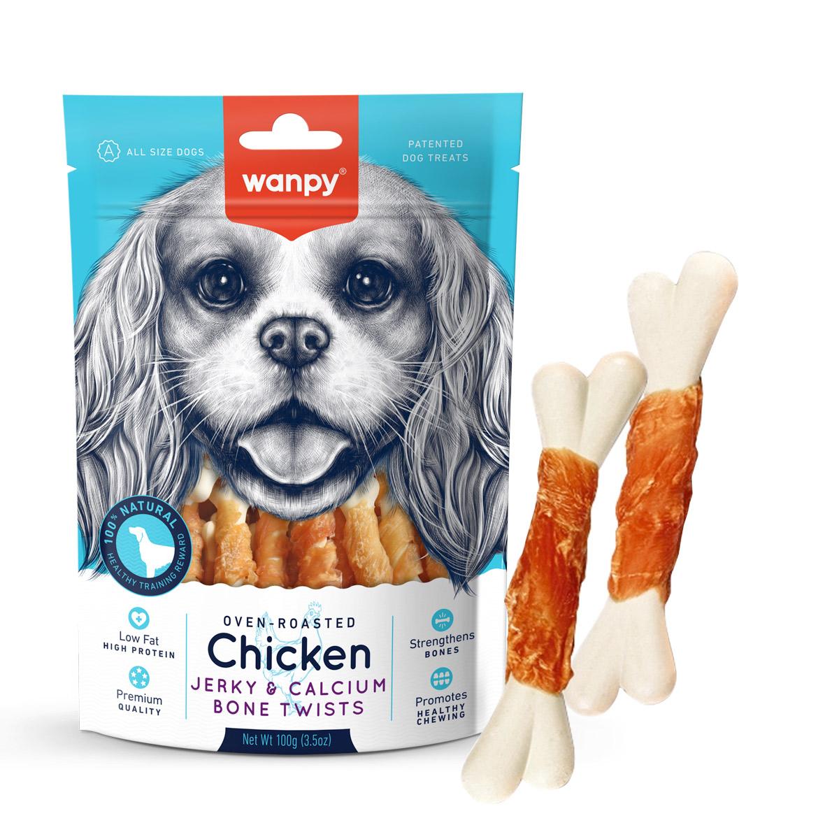 WANPY Jerky and Calcium Bone Twists, XS-XL, Pui, punguță recompense câini, 100g - 1 | YEO