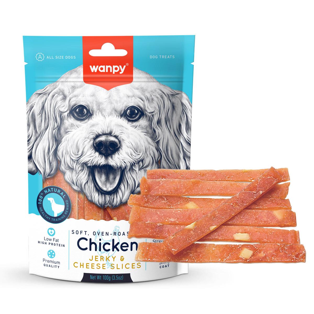 WANPY Jerky & Cheese Slices, XS-XL, Pui și Brânză, punguță recompense câini, (piure), 70g - 1 | YEO