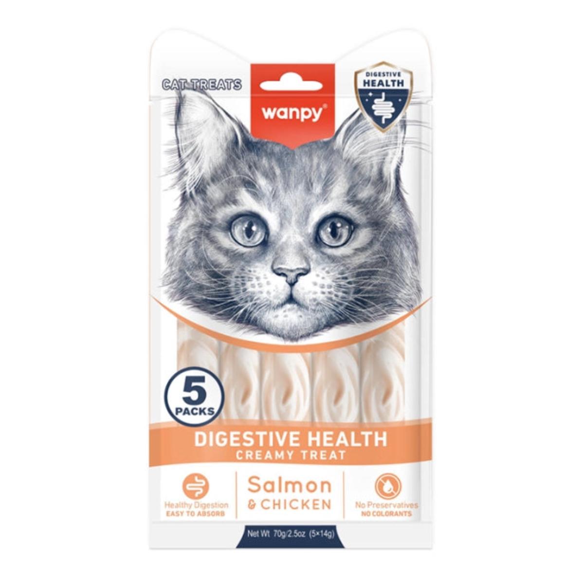 WANPY Creamy Digestive Health, Somon și Pui, punguță recompense funcționale pisici, sistem digestiv, (piure), 70g - 1 | YEO