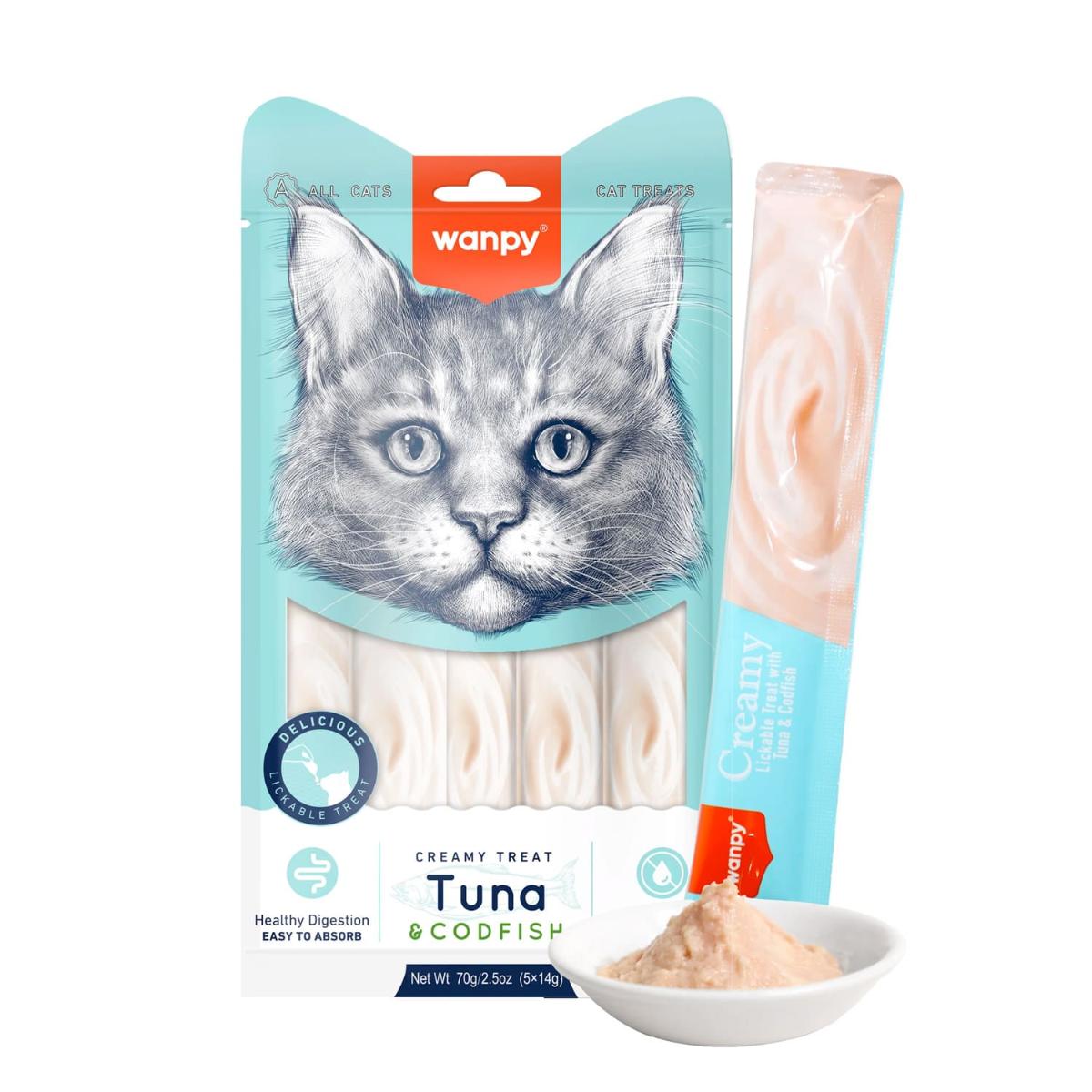 WANPY Creamy Treat, Ton și Cod, punguță recompense pisici, (piure), 70g