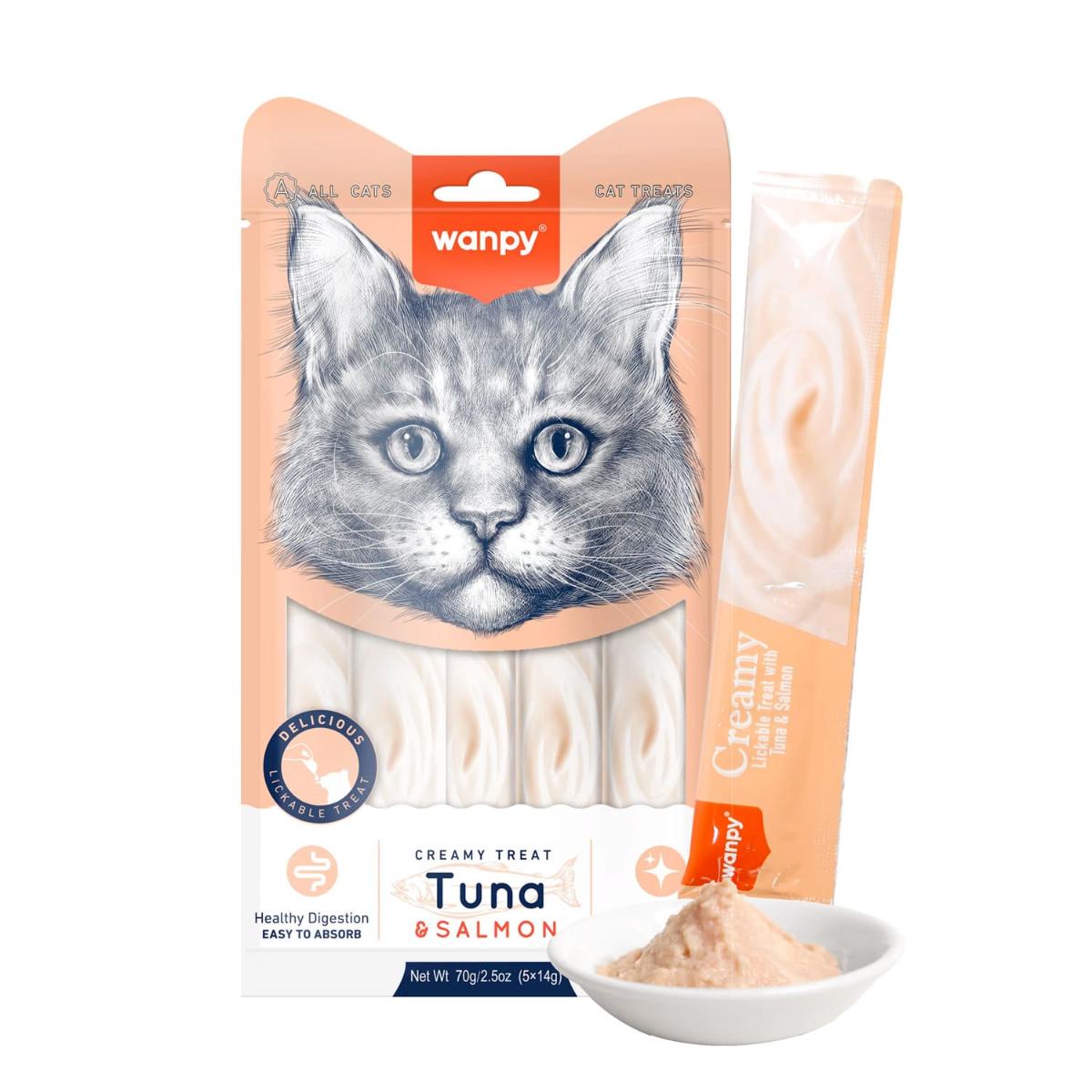 WANPY Creamy Treat, Ton și Somon, punguță recompense pisici, (piure), 70g