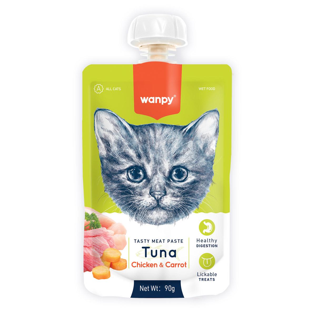 WANPY Tasty Meat Paste, Ton și Pui, punguță recompense pisici, (piure), 90g