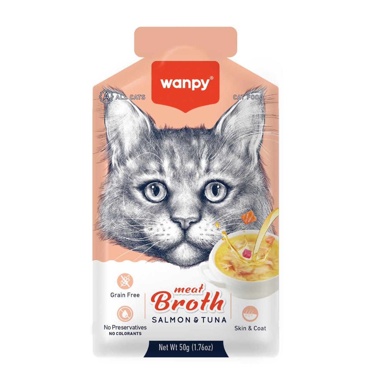 WANPY Meat Broth, Somon și Ton, plic hrană umedă pisici, (topping), 50g - 1 | YEO