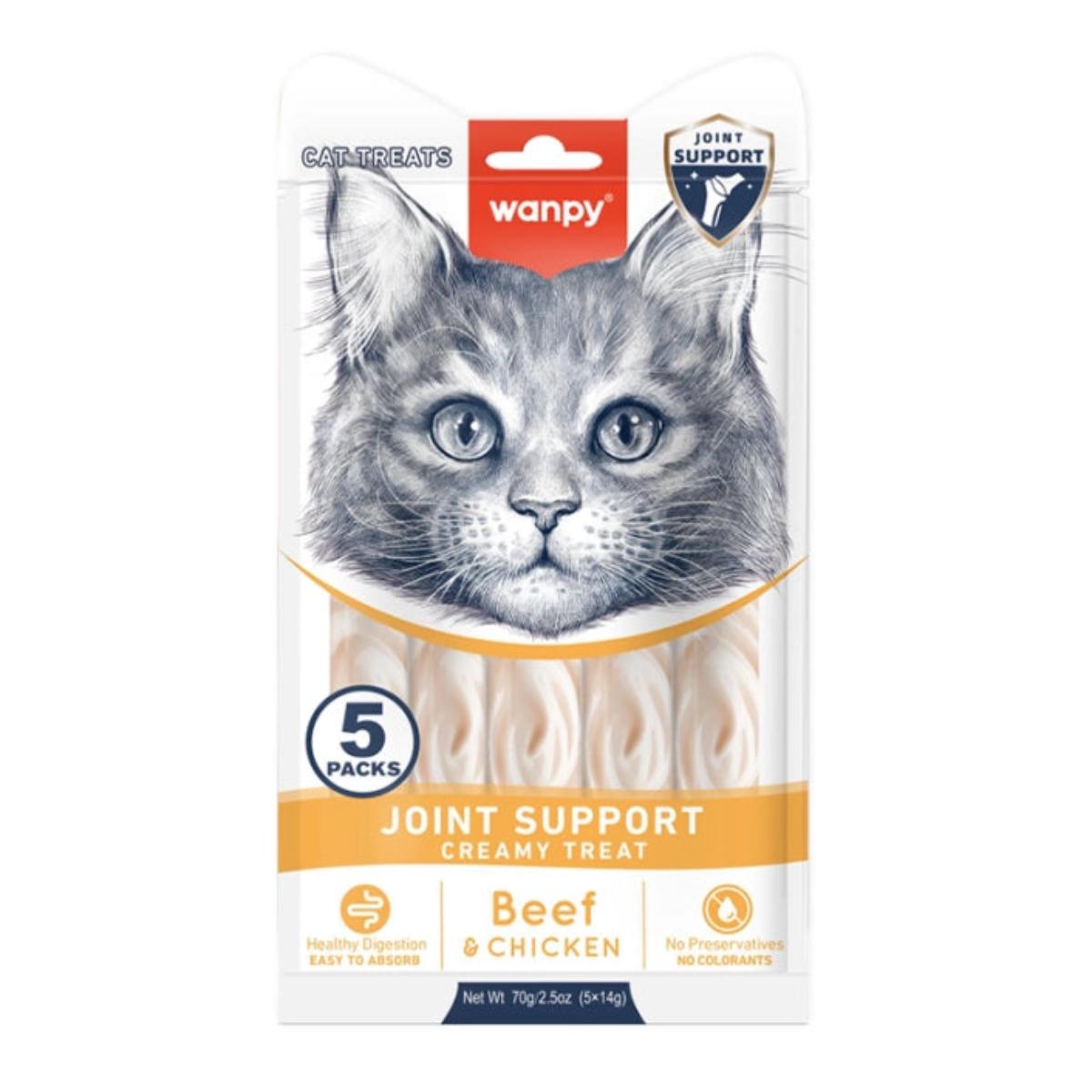 WANPY Joint Support Creamy Treats, Pui și Vită, punguță recompense funcționale pisici, sistem articular, (piure), 70g
