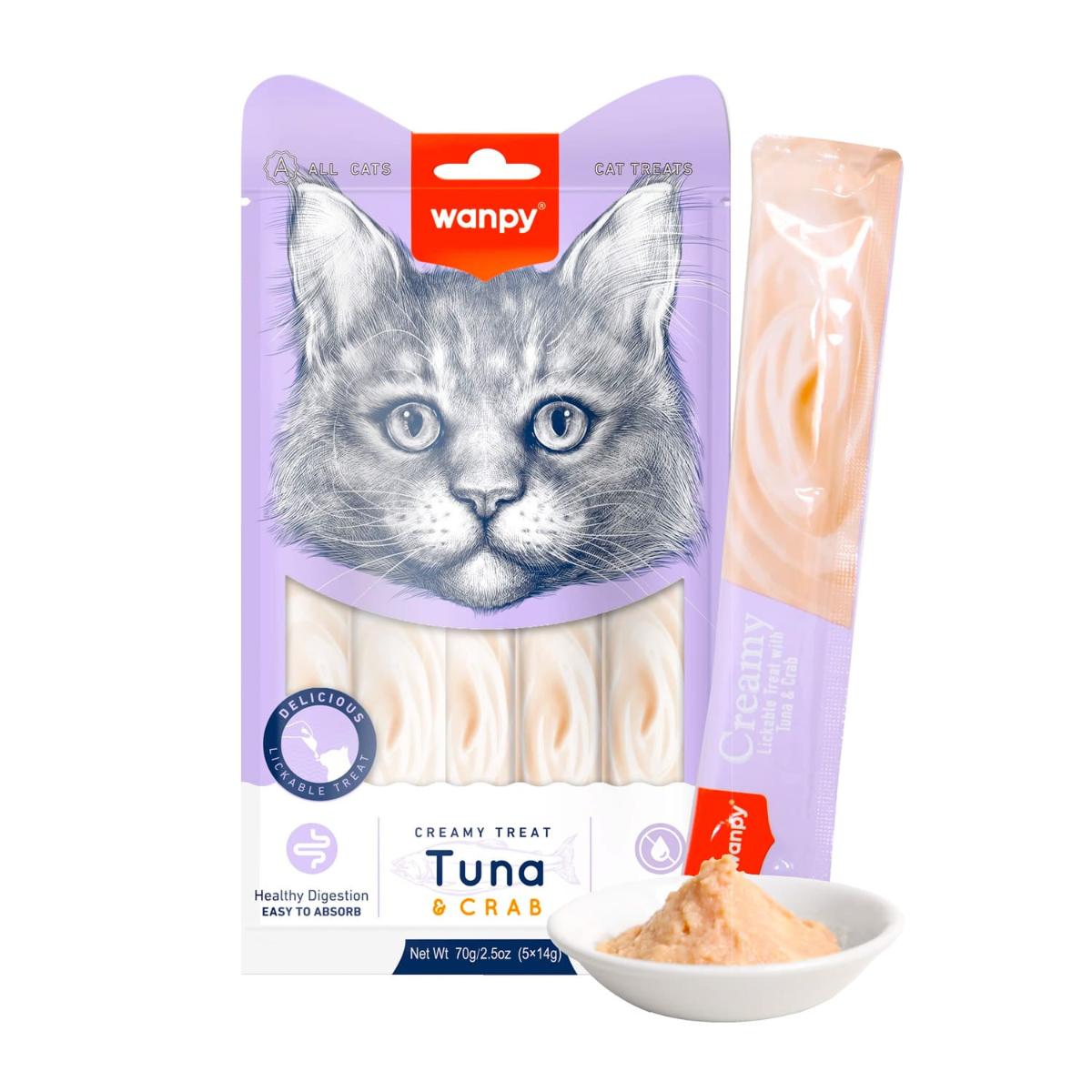 WANPY Creamy Treat, Ton și Crab, punguță recompense pisici, (piure), 70g