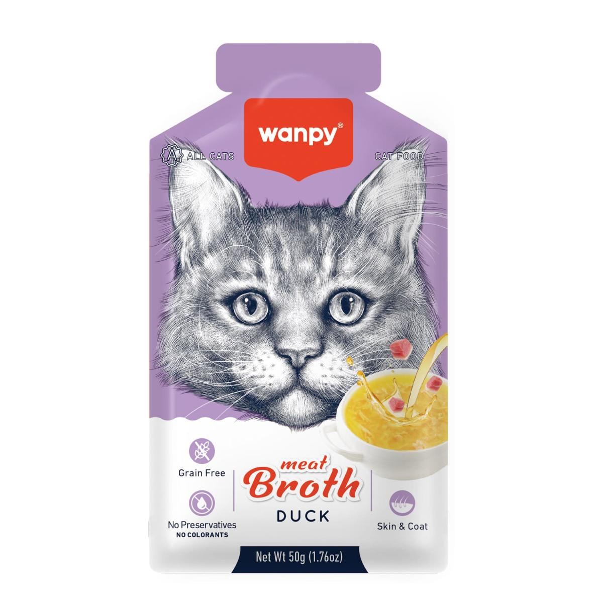 WANPY Meat Broth, Rață și Somon, plic hrană umedă pisici, (topping), 50g - 1 | YEO