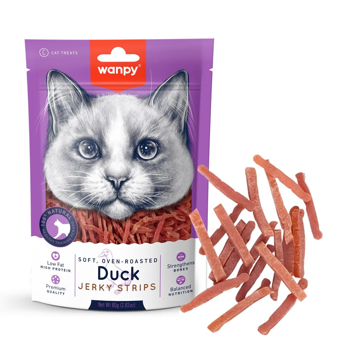 WANPY Soft Jerky Strips, Rață, punguță recompense pisici, 80g