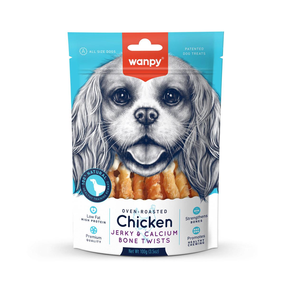 WANPY Jerky and Calcium Bone Twists, XS-XL, Pui, punguță recompense câini, 100g - 2 | YEO
