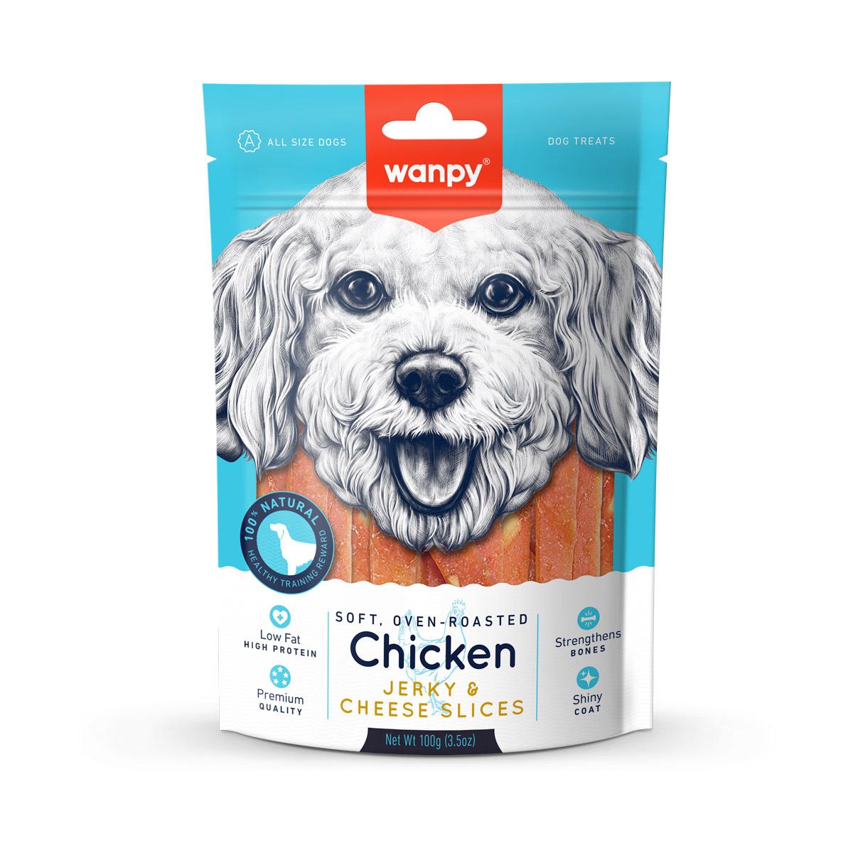 WANPY Jerky & Cheese Slices, XS-XL, Pui și Brânză, punguță recompense câini, (piure), 70g - 2 | YEO