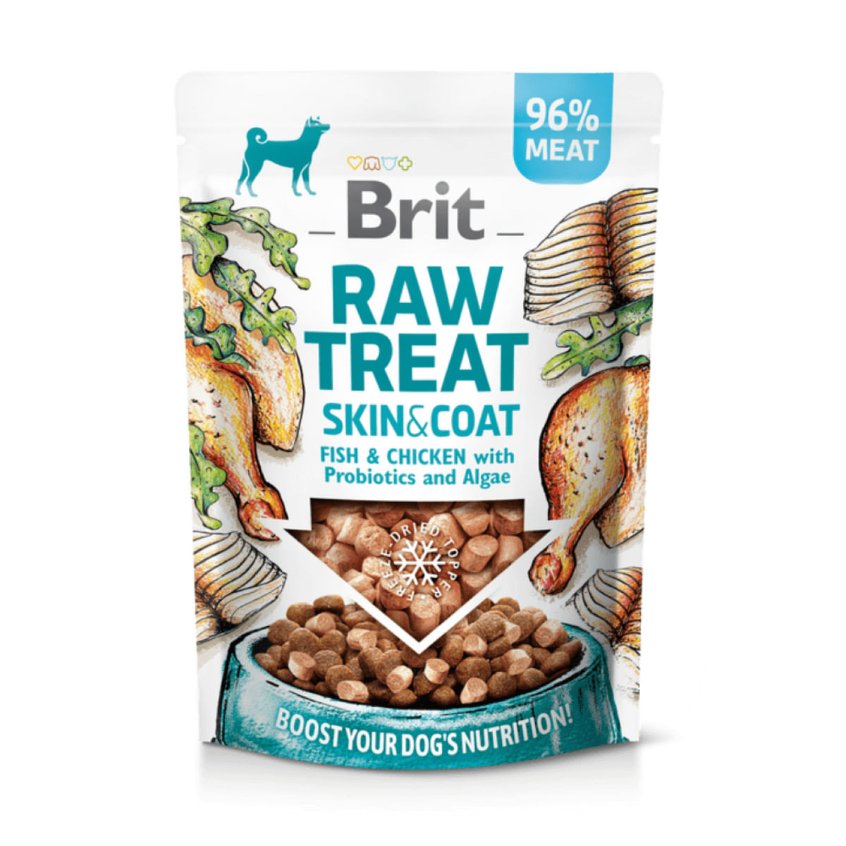 BRIT Raw Treat Skin & Coat XS-XL, Pește și Pui, punguță recompense funcționale câini, piele & blană, 40g