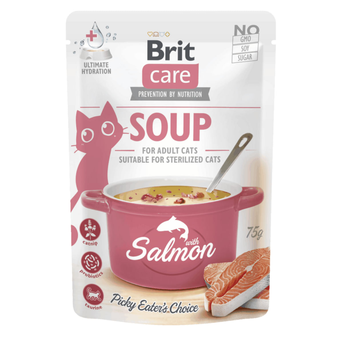 BRIT Care Soup, Somon, plic hrană umedă fără cereale pisici, apetit capricios, (topping), 75g - 1 | YEO