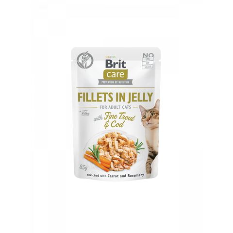 BRIT Care Fillets in Jelly, Păstrăv și Cod, plic hrană umedă fără cereale pisici, (în aspic), 85g