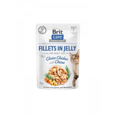 BRIT Care Fillets in Jelly Choice, Pui și Brânză, plic hrană umedă fără cereale pisici, (în aspic), 85g