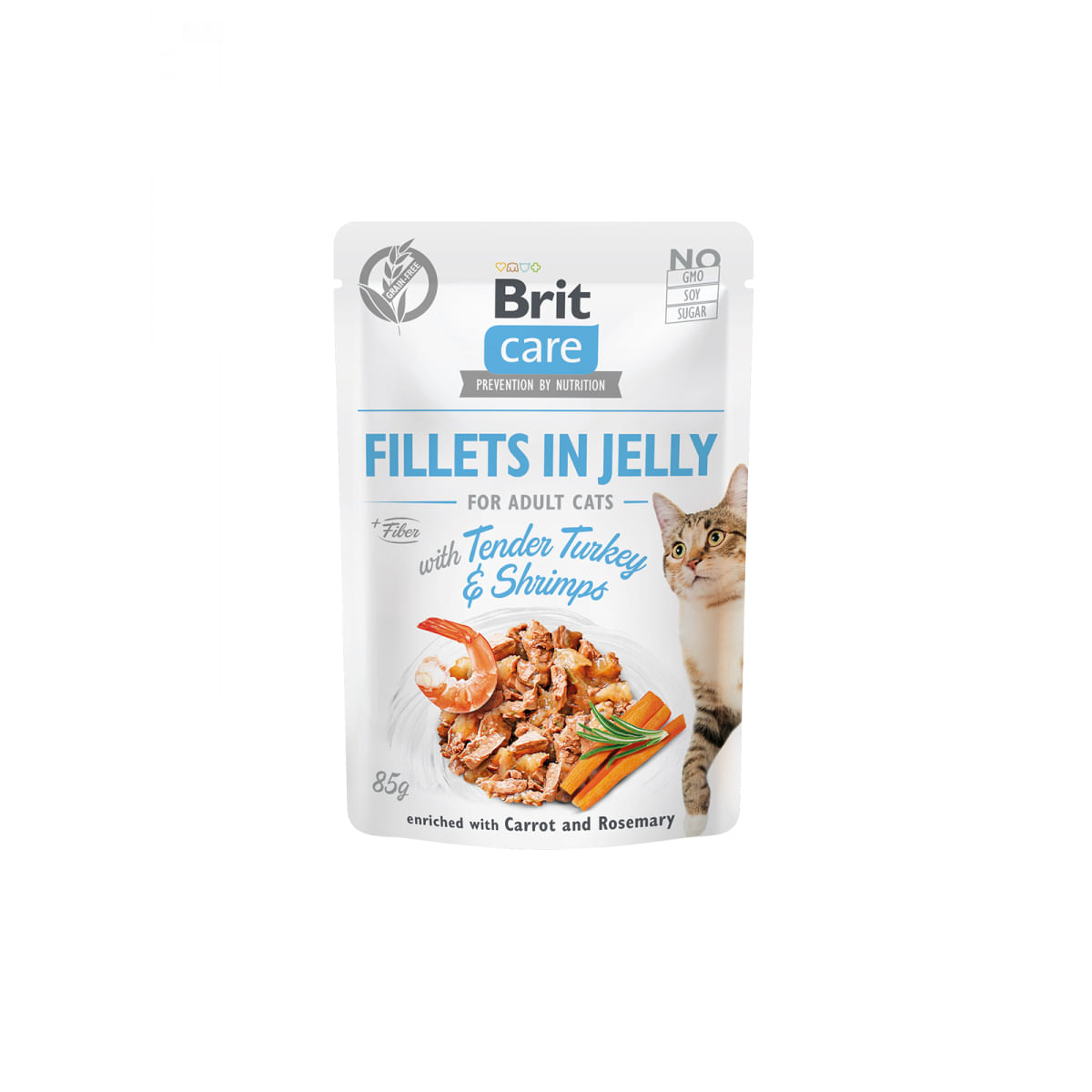 BRIT Care Fillets in Jelly, Curcan și Creveți, plic hrană umedă fără cereale pisici, (în aspic), 85g - 1 | YEO