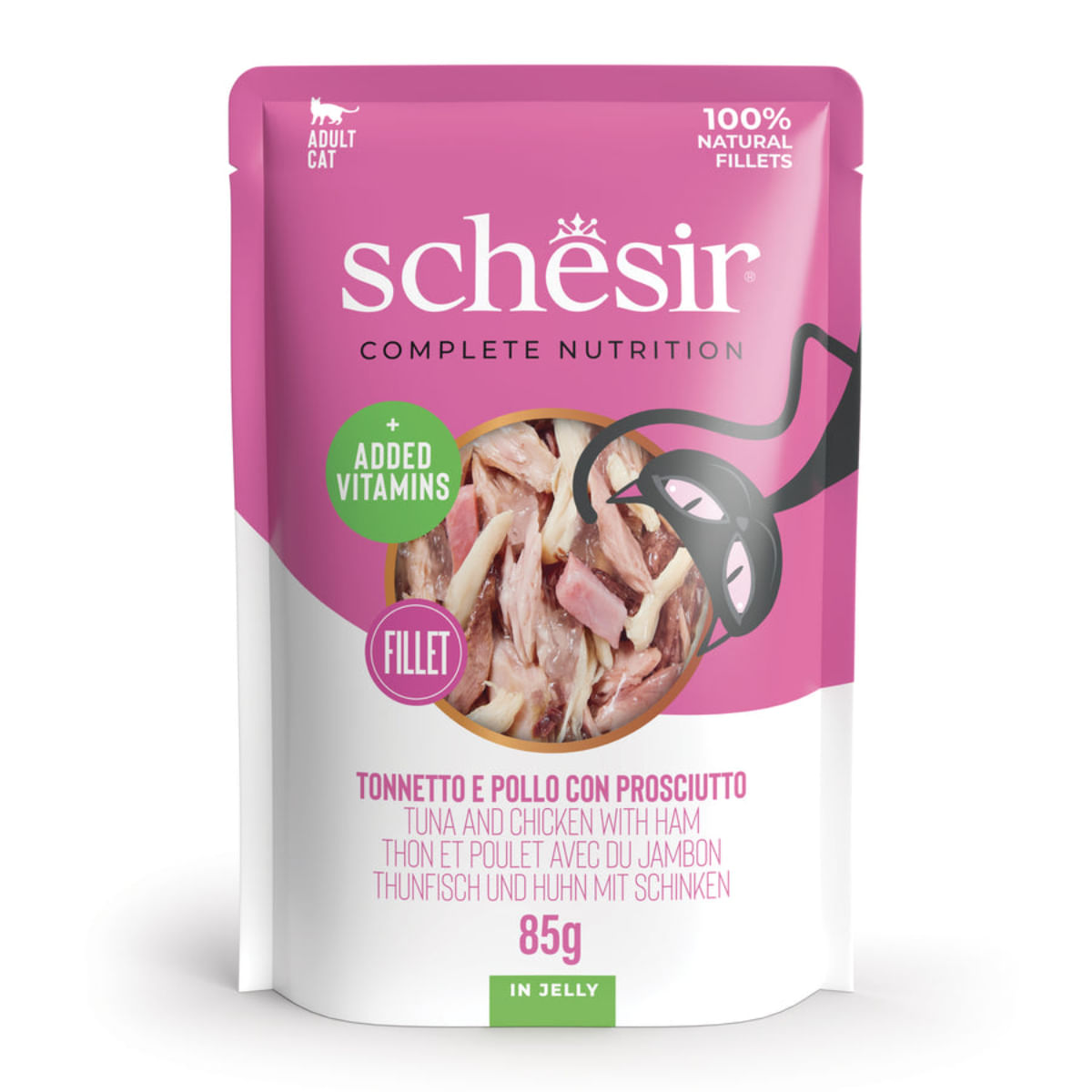SCHESIR Ton, Pui și Șuncă, plic hrană umedă pisici, (în aspic), 85g