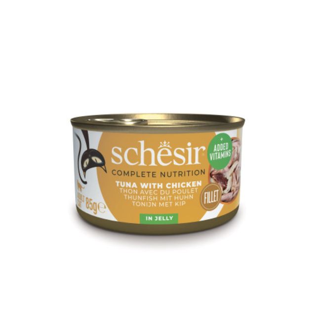 SCHESIR Complete Nutrition, Ton și Pui, conservă hrană umedă pisici, (în aspic), 85g