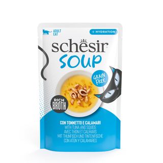 SCHESIR Complementary Soup, Ton și Calamar, plic hrană umedă fără cereale pisici, (în supă), 40g