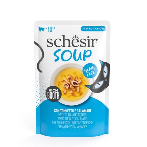 SCHESIR Complementary Soup, Ton și Calamar, plic hrană umedă fără cereale pisici, (în supă), 40g