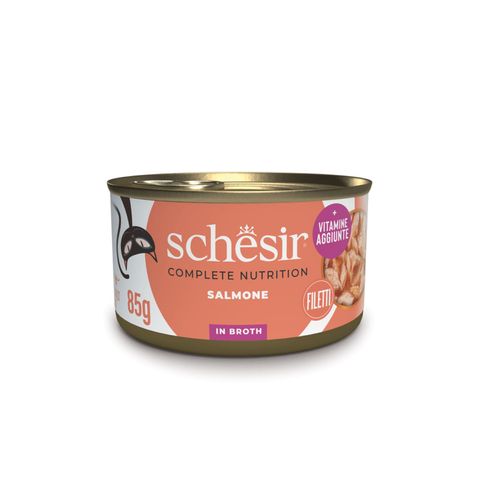 SCHESIR Complete Nutrition, Somon, conservă hrană umedă pisici, (în supă), 85g
